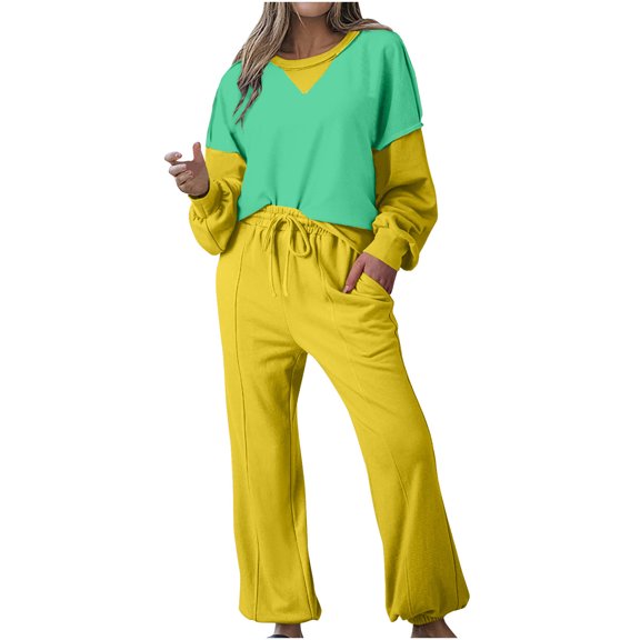 UAMVSH Sweatsuit Outfits for Women Fashion Color Block 2 Piece Tracksuit Sets Soft Long Sleeve Sweatshirts Jogger Sweatpants with Pockets(X-Large,Yellow 1)