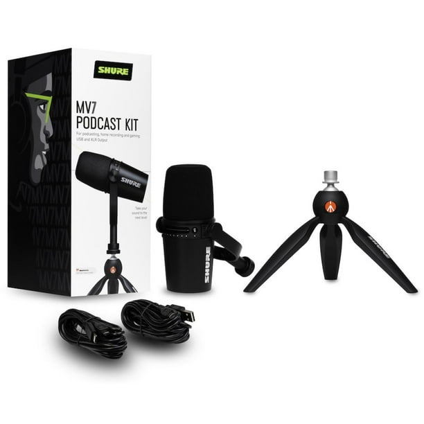 Micrófono Podcast Shure MV7-K-BNDL Tripie Manfrotto Pixi Mini color Negro