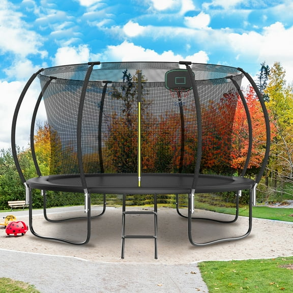 Seizeen Outdoor Kids Trampoline, 12FT Large Trampoline with Basketball Hoop & Enclosure, New Style Round Pumpkin Trampoline Anti-collision Curved Design, Black