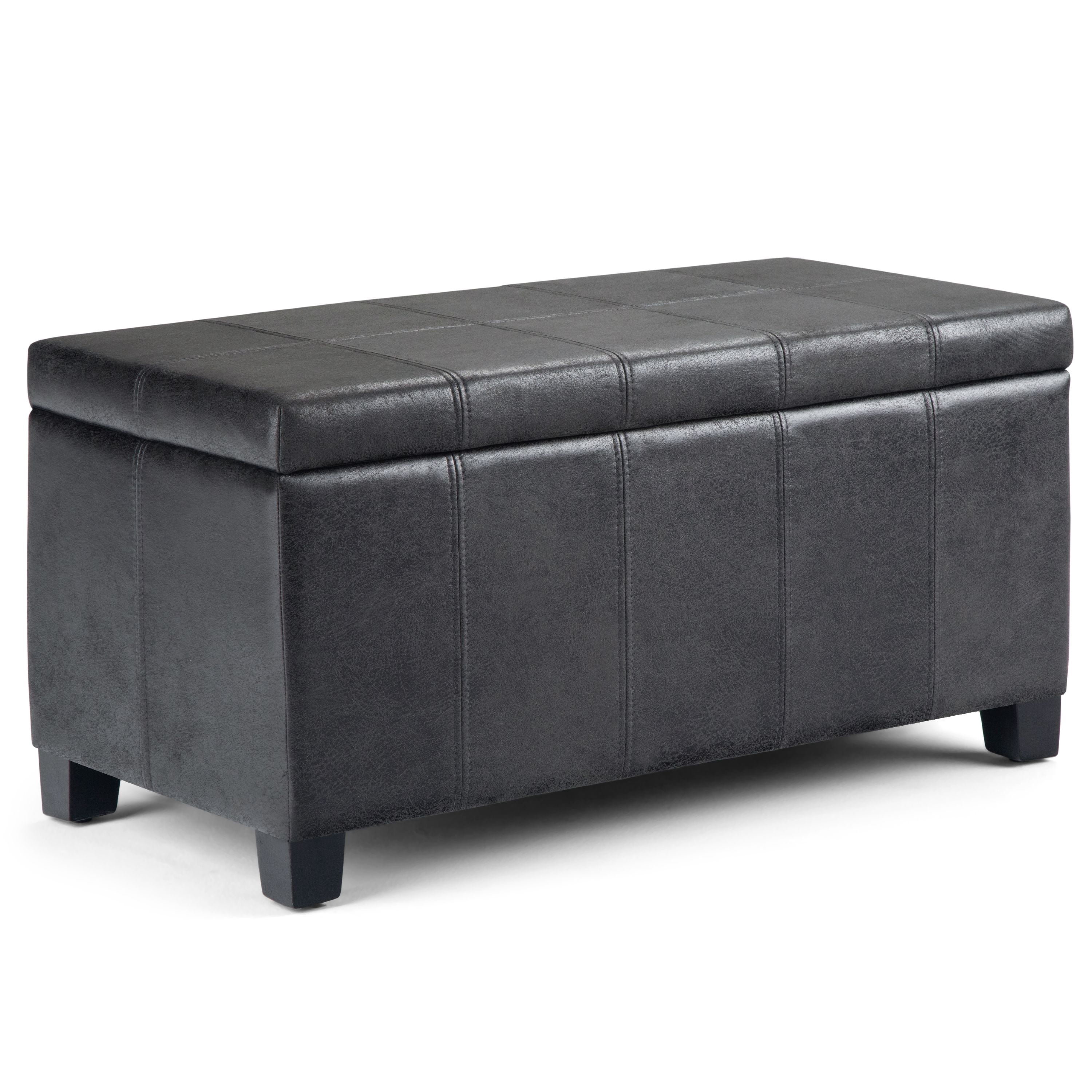 Dover 36 inch Wide Contemporary Storage Ottoman Bench in Distressed Black Vegan Leather