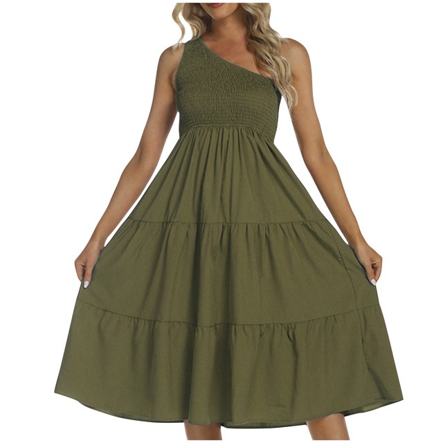 FcBaudy Robe Sans Manches à Col Asymétrique, Robes d'Été pour Femmes, Robes d'Été Fraîches et à Col Doux Couleur Unie pour Femmes