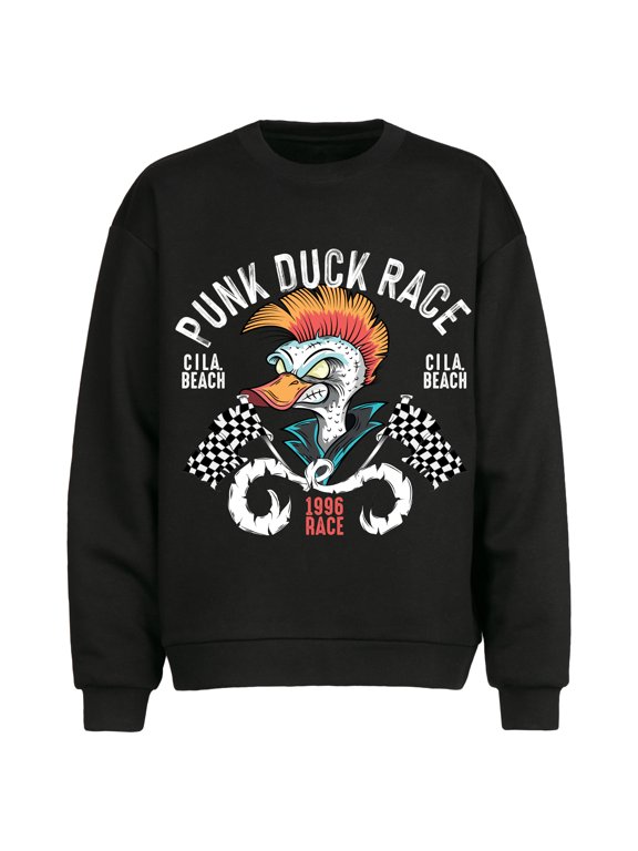 Punk Duck a Biker-Style Design Unisex Spring Autumn Trendy Couples Round Neck Sweatshirt,Sizes S-2XL