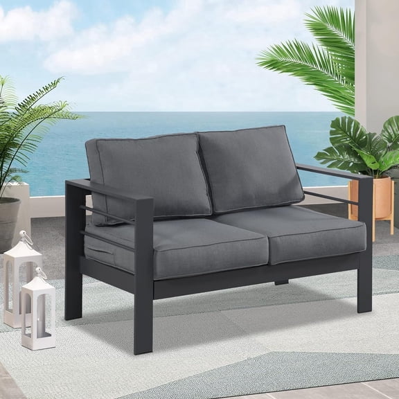 RoyalCraft Patio Furniture Aluminum Loveseat, All-Weather Outdoor 2 Seats Sofa Couch, Gray Metal Chair with Dark Grey Cushions