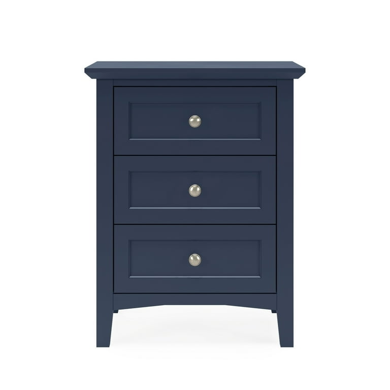 Fritz 30 Inch Nightstand 3 Drawers Nickel Round Handles Solid Wood Blue Saltoro Sherpi
