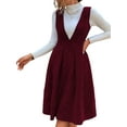 thumbnail image 4 of Women V Neck Corduroy Overall Dress Fall Mini Pinafore Jumper Dress Red M, 4 of 9