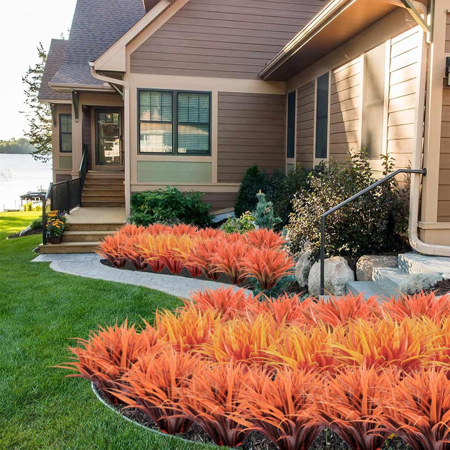 8 pcs Fall Artificial Flowers for Decoration, Fake Artificial Tall Grass Plants for Outdoors, Orange Faux Tropical Greenery Autumn Front Porch Patio Garden Outside Plastic Shrubs Bushes