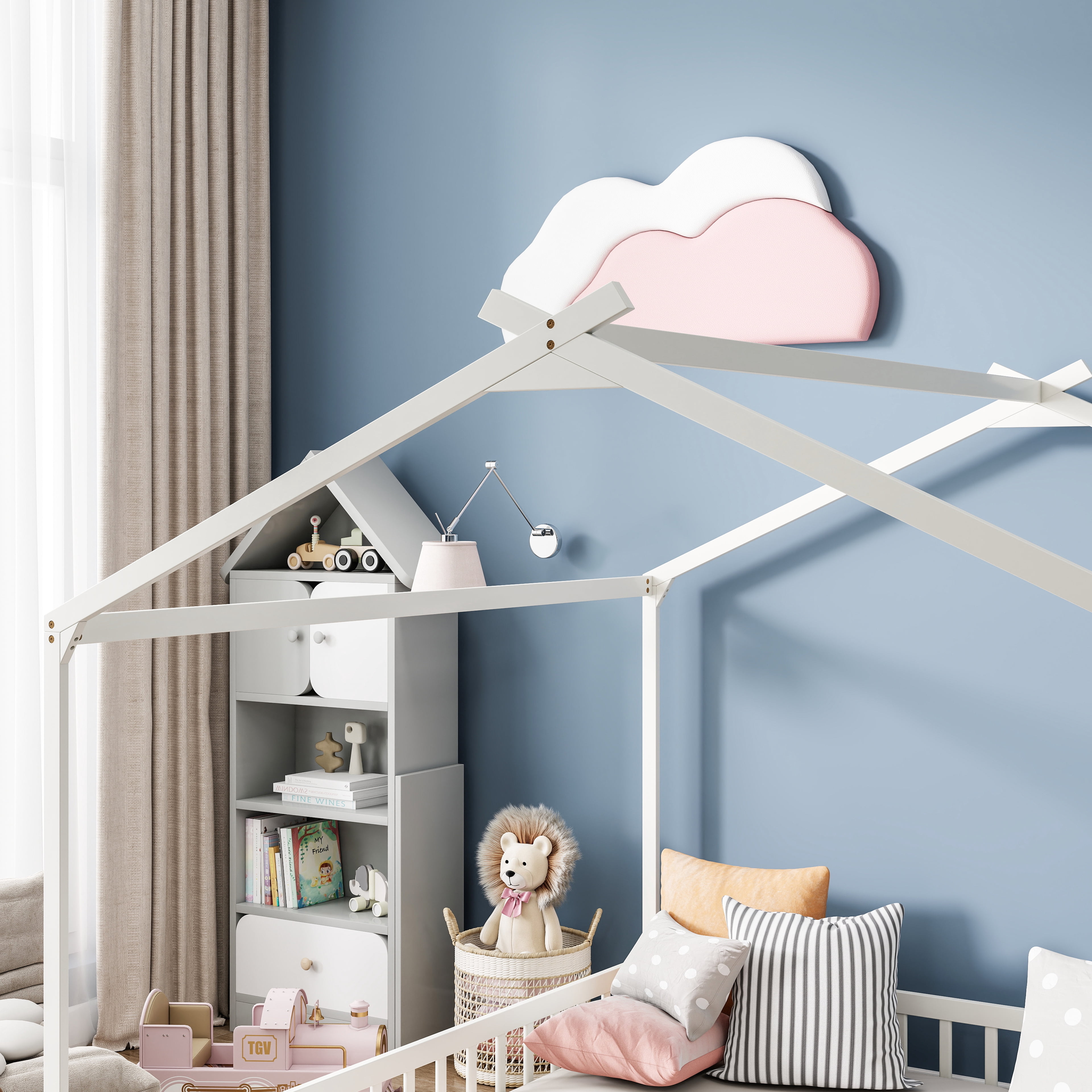 Double Twin House-Shaped Floor Bed with Safety Guardrails, without door, White