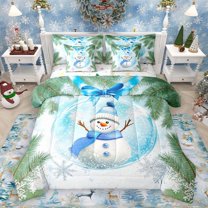 Homewish Snowman Snowflake 7pcs Bedding Comforter Set for Preppy Children Teens,Happy Xmas Christmas Queen Bedding Sets Super Cozy,Green Tree Leaves Queen Sheet Sets,Lightweight Room Decor