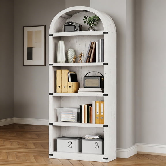 TEQIN 71.65" Tall Arched Bookshelf, 5-Tier Arched Bookcase, Farmhouse Display Bookshelf Wooden Bookshelf, Freestanding Wood Bookcase for Home Office
