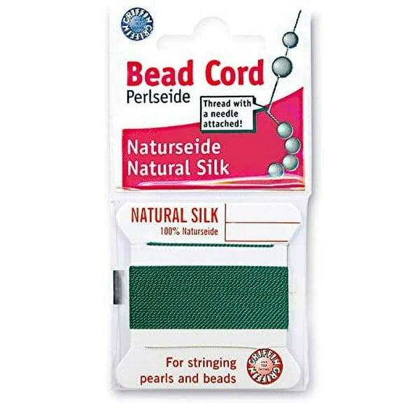 Griffin Silk Bead Cord Perlseide – Green Color – Size 12 (0.98mm) – 2 Meters per Card – Stainless Steel Needle Attached – for Knotting Pearls, Gemstones, Crystals and Beads