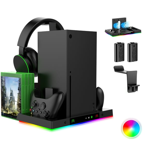 Estación de carga con ventilador de refrigeración para consola Xbox Series X y mando, kit de accesorios con 2 baterías de 1400 mAh