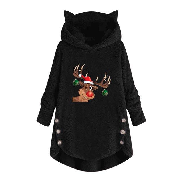 Pntutb Mujer Casual Navidad Impresión Felpa Botones Manga Larga Con Capucha Felpa Abrigo top Selecciones Flash Pntutb Pntutb-5545
