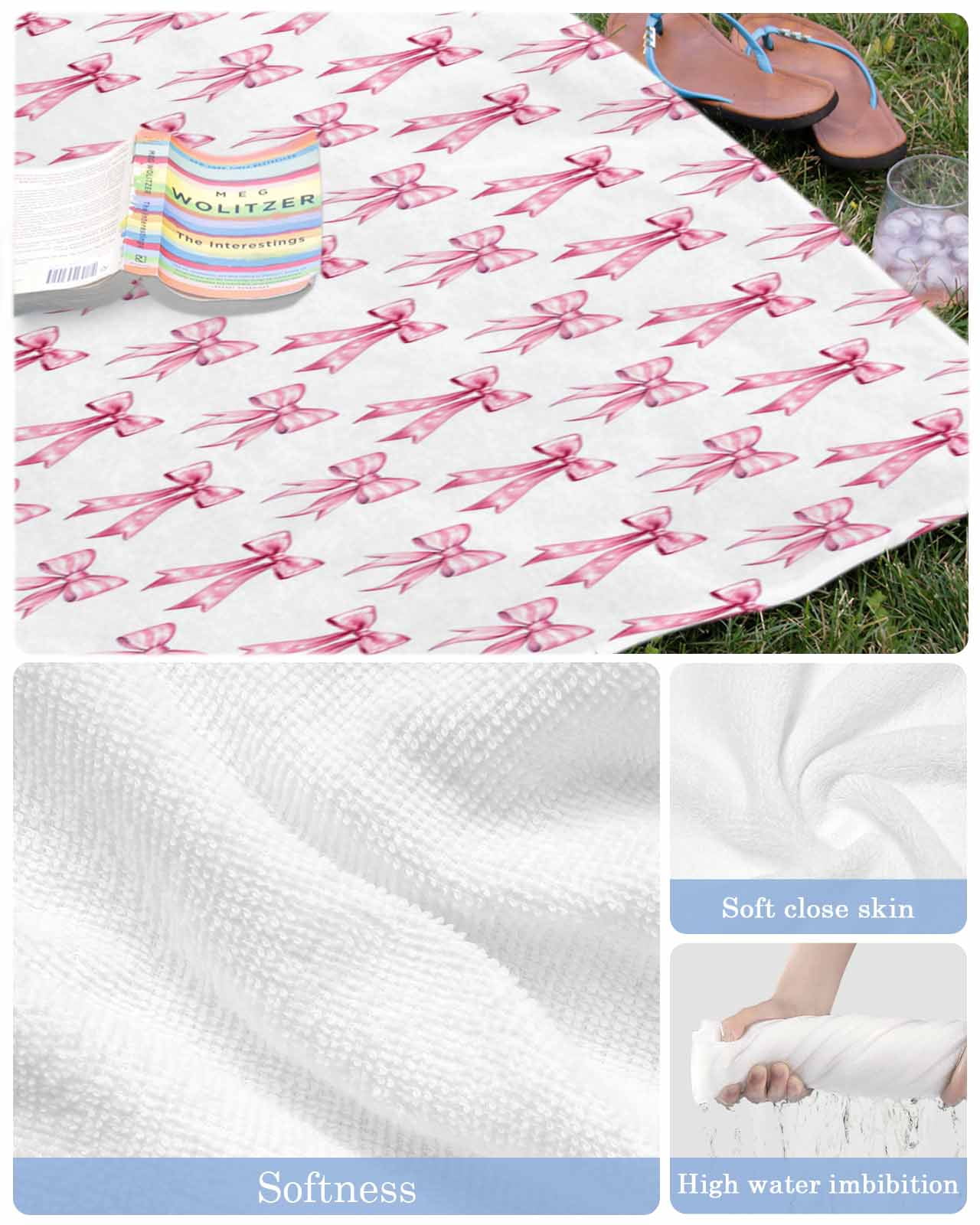 Cute Pink Bow Beach Towels Oversized Super Absorbent, White Sweet Modern Watercolor Lightweight Bath Towel Quick Dry Sets For Bathroom/Pool/Rv Camping/Beach Play/Gym Room/Picnic 23"x47"