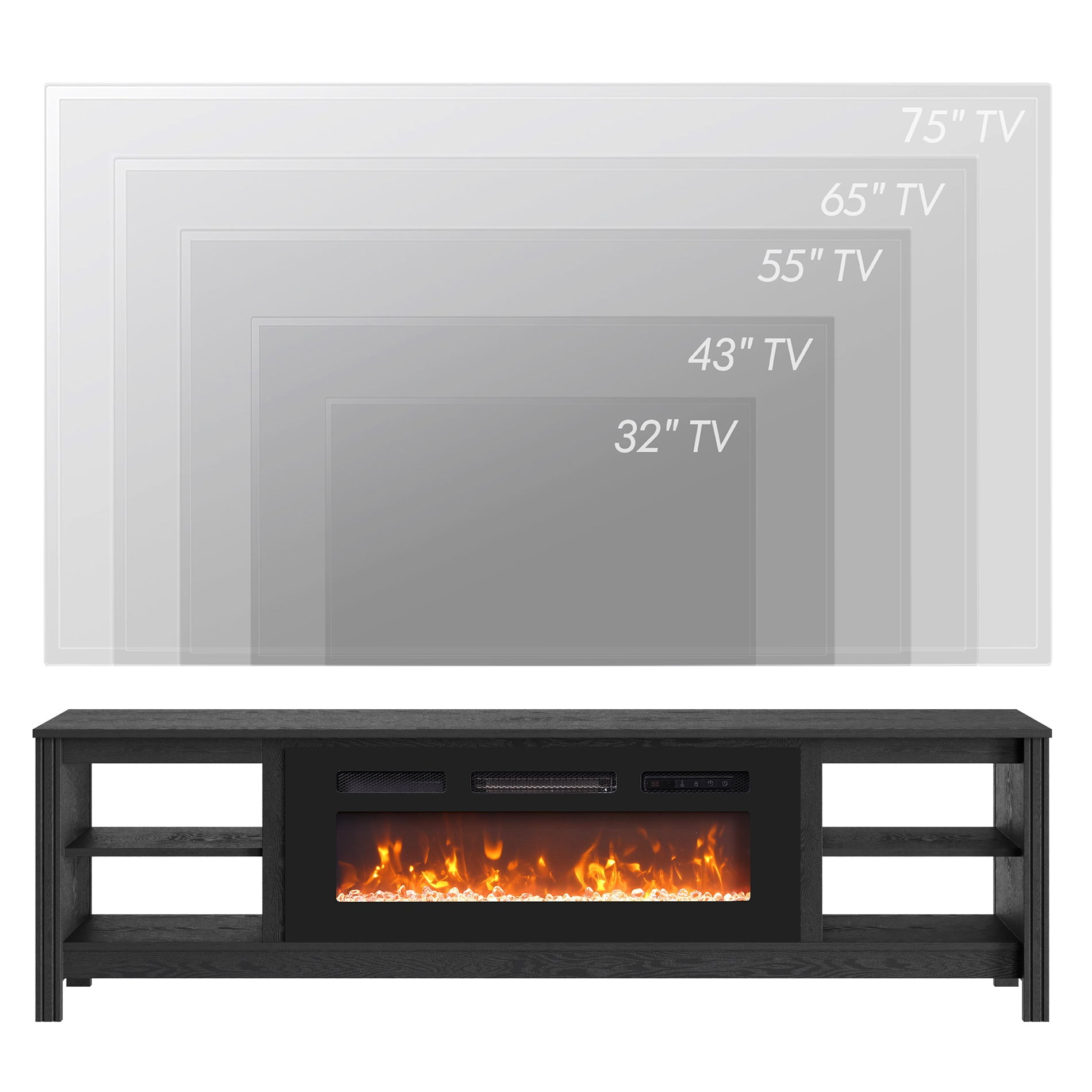 FITUEYES Farmhouse Fireplace TV Stand for 70 75 inch TV with 4 Storages, Wooden Entertainment Center with Electric Fireplace & 16 Colors LED Light, 70 Inch, Black