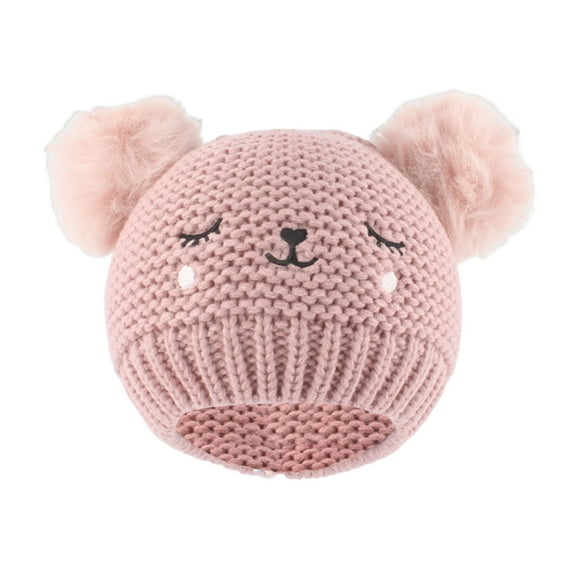 Xfvqtps Toddler Cute Bear Beanie with Two Ears Furry Pompom Knit Embroidered Little Bear Stretch Windproof Coldproof Warm Outdoor Soft Winter Skull Cap for 0-3Years Pink