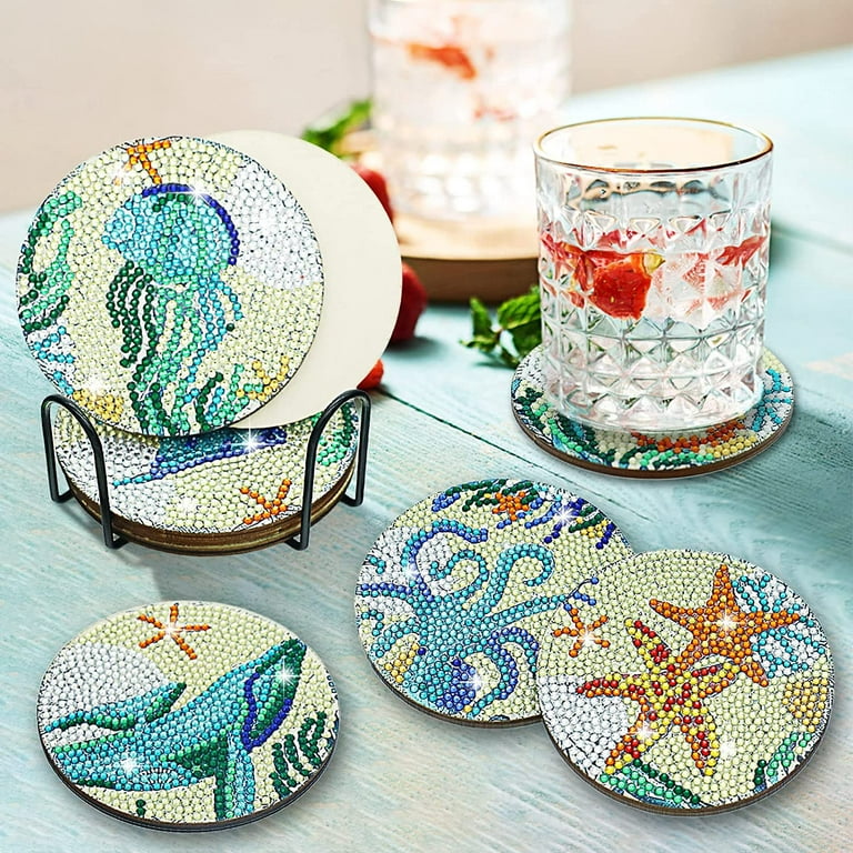 Topboutique 8Pcs Coasters for Drinks,Hot Pads for Kitchen,DIY Coaster  Diamond Art Kits for Adults Kids Beginners Diamond Art Craft Supplies  (Ocean) 