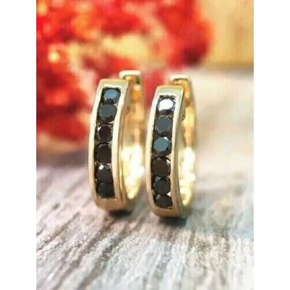 1.50Ct Round Lab-Created Black Diamond Pretty Valentiene Huggie Hoops Earrings 14k Yellow Gold Plated 925 Sterling Silver
