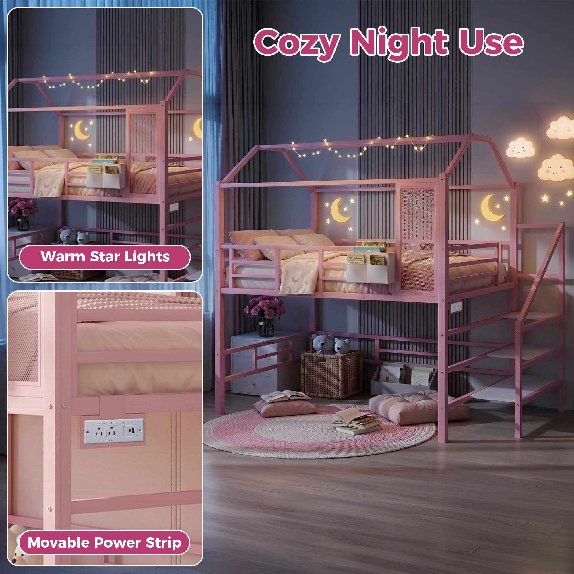 Miniyam Full Size Bunk Bed with Stairs, House Bed Design with Charging Station and Storage Bag Led Light, Pink