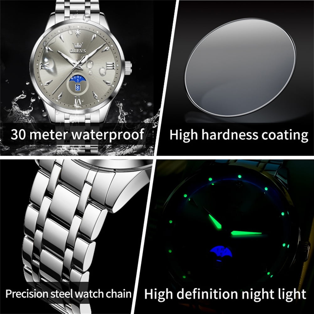 OLEVS Watches for Men Business Dress Casual Analog Quartz Stainless Steel Waterproof Luminous Men Wrist Watches Reloj Para Hombre Gray Dial