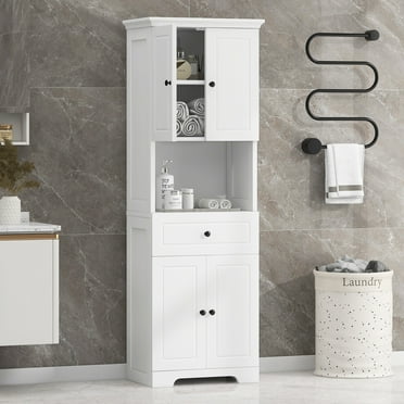 Tall Bathroom Cabinet with Four Doors, Large Storage Space Open Shelve, Upper Storage Cabinet, White