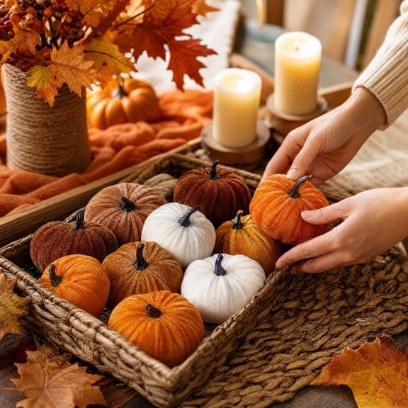 12pcs Fall Pumpkins Decor Set, Artificial Mini Pumpkins for Decorating, Assorted Fall Pumpkin Decorations for Thanksgiving Harvest Table Centerpieces Home Decor (Random Color)