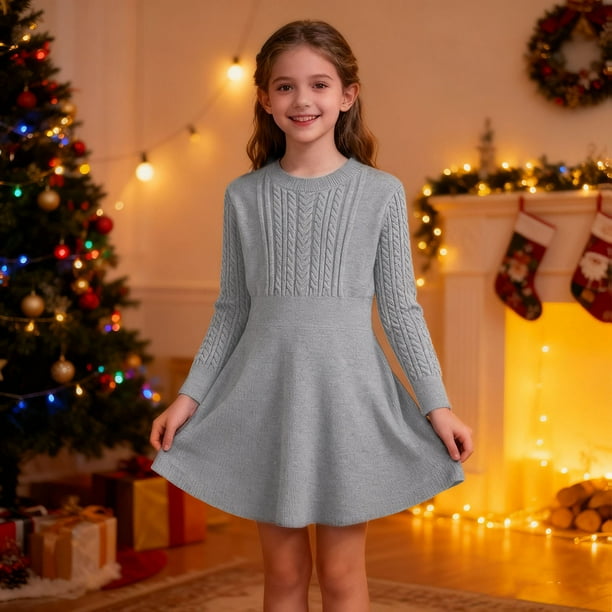 Suéter de capa base para niña, jersey de punto trenzado, manga larga, cuello redondo, vestido para niña