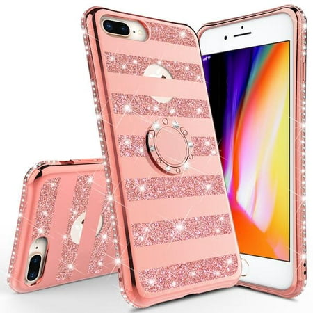 iPhone 8 Plus Case,iPhone 7 Plus Case Phone Case Girls Women Kickstand, Cute Bling Diamond Rhinestone Bumper Ring Stand Protective Pink iPhone 8 Plus/ 7 Plus - Rose Gold Stripe