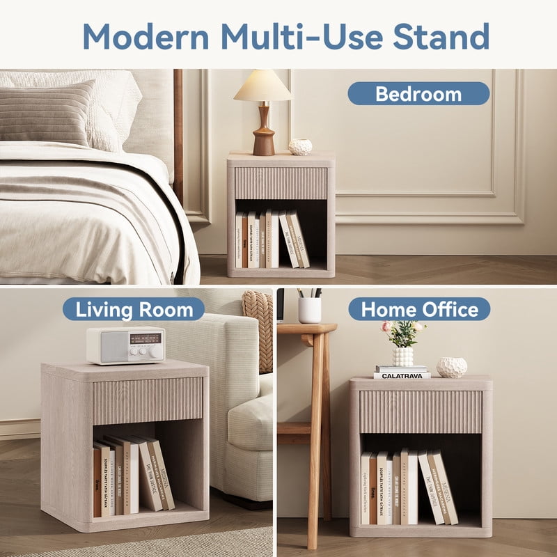 Gianna Set of 2 Nightstands with Drawer and Open Shelf, Mid Century Fluted End Table for Bedroom, Living Room and Office, White