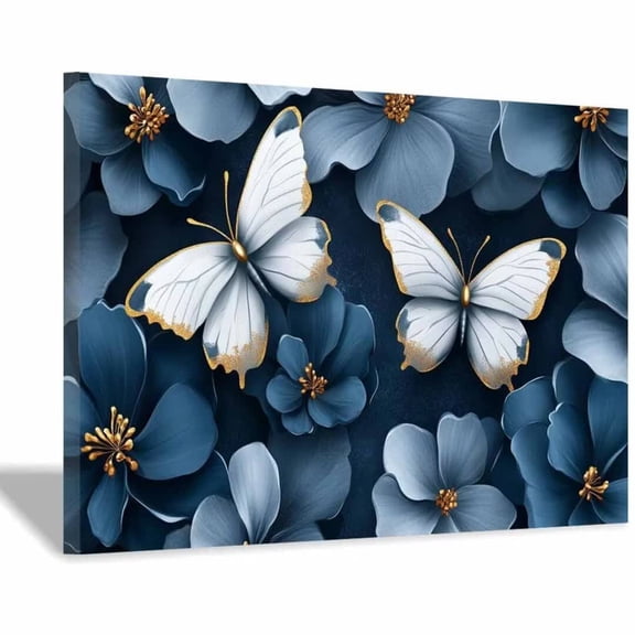 Mudket Blue Flower with Gold-Trimmed White Butterflies Canvas Wall Art, Floral Botanical Wall Decor, Framed Ready to Hang Artwork for Living Room Bedroom Bathroom - 12"L x 8"W