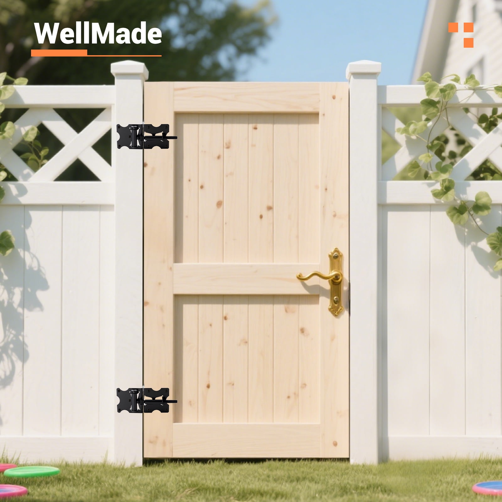 WellMade 2 Pack Heavy Duty Self Closing Gate Hinges，Adjustable Vinyl Gate Hinges with Screws and Swing Adjuster Tool，Black