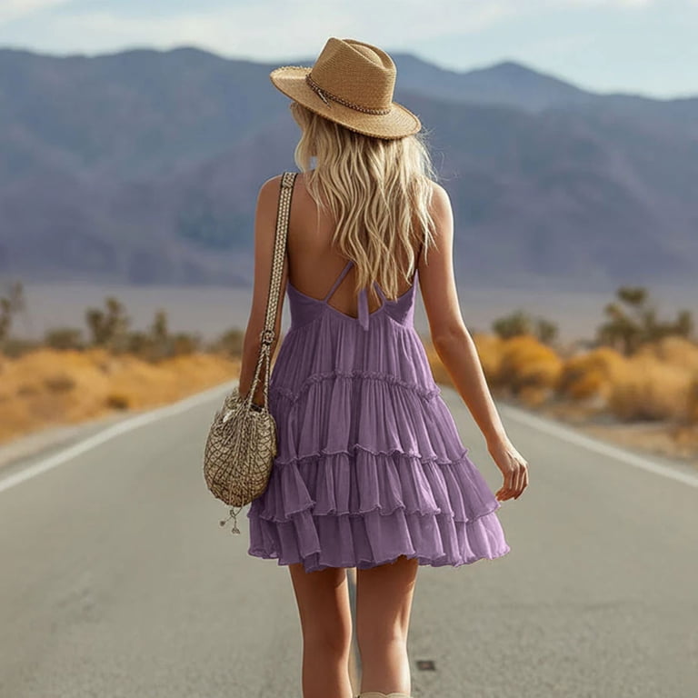 Women's Tiered Slip Dresses Deep V-Neck Ruffle Mini Dress Flowy Summer Dress for Vacation Party Festival Purple S