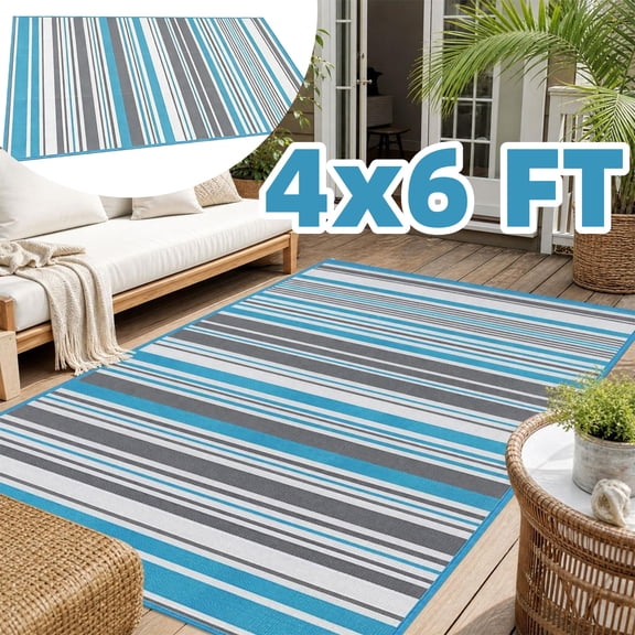 Outdoor Rug 4x6 FT, Outdoor Plastic Straw Rug for Patio, Waterproof RV Essentials Outside Area Rug for Deck Garden, Blue