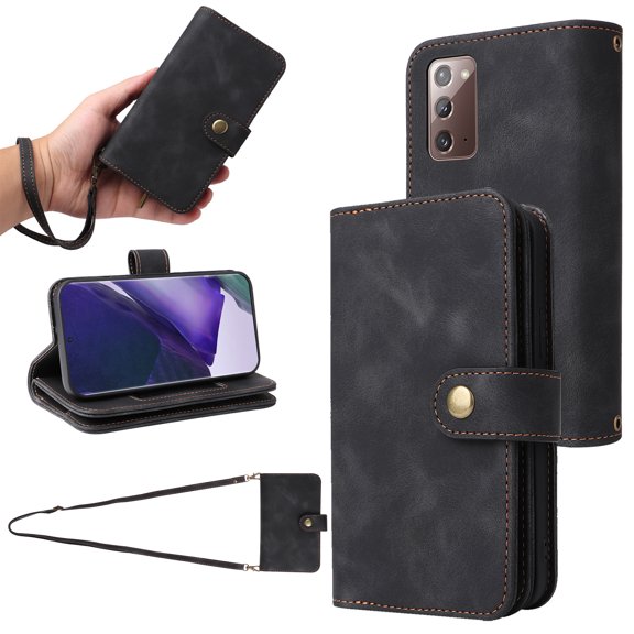 for Samsung Galaxy Note 20 Wallet Case, [Card Slots] PU Leather ID Credit Holder Folio Flip Kickstand Magnetic Clasp Phone Cover & Lanyard & Shoulder Strap for Note 20, Black