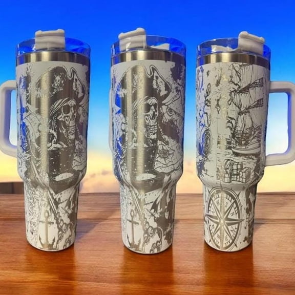 Engraved Pirate Tumbler with Handle | Insulated Travel Mug