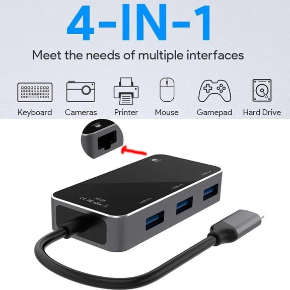 USB-C Hub 4-in-1, 3 USB 3.0 con Ethernet Gigabit y Adaptador Externo USB - Estacion de Acoplamiento USB-C a USB/USB-C Compatible for MacBook Pro/Air, Dell, Lenovo Laptops