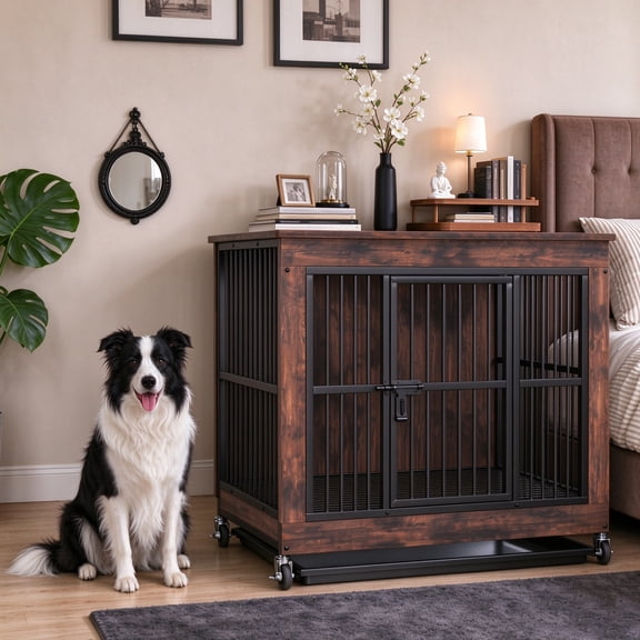 PRIJESSE 39 Inch Chew Proof Dog Crate Furniture, Rustic Brown Wooden End Table with Removable Top & Pull-Out Tray for Large Dogs, Indoor Kennel House