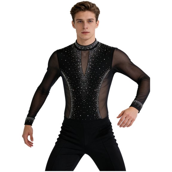 Doomiva Mens Long Sleeve Latin Dance Shirt Tops Shiny Rhinestone Bodysuit Figure Skating Leotard Black M