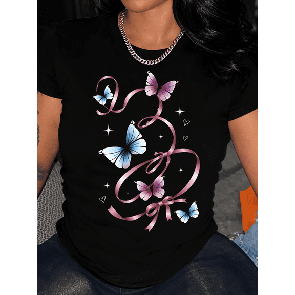 Women's Elegant Short-Sleeve T-Shirt – Black Crew-Neck Top with Butterfly Print; Casual, Machine-Washable, Suitable for Spring, Summer, and Autumn.