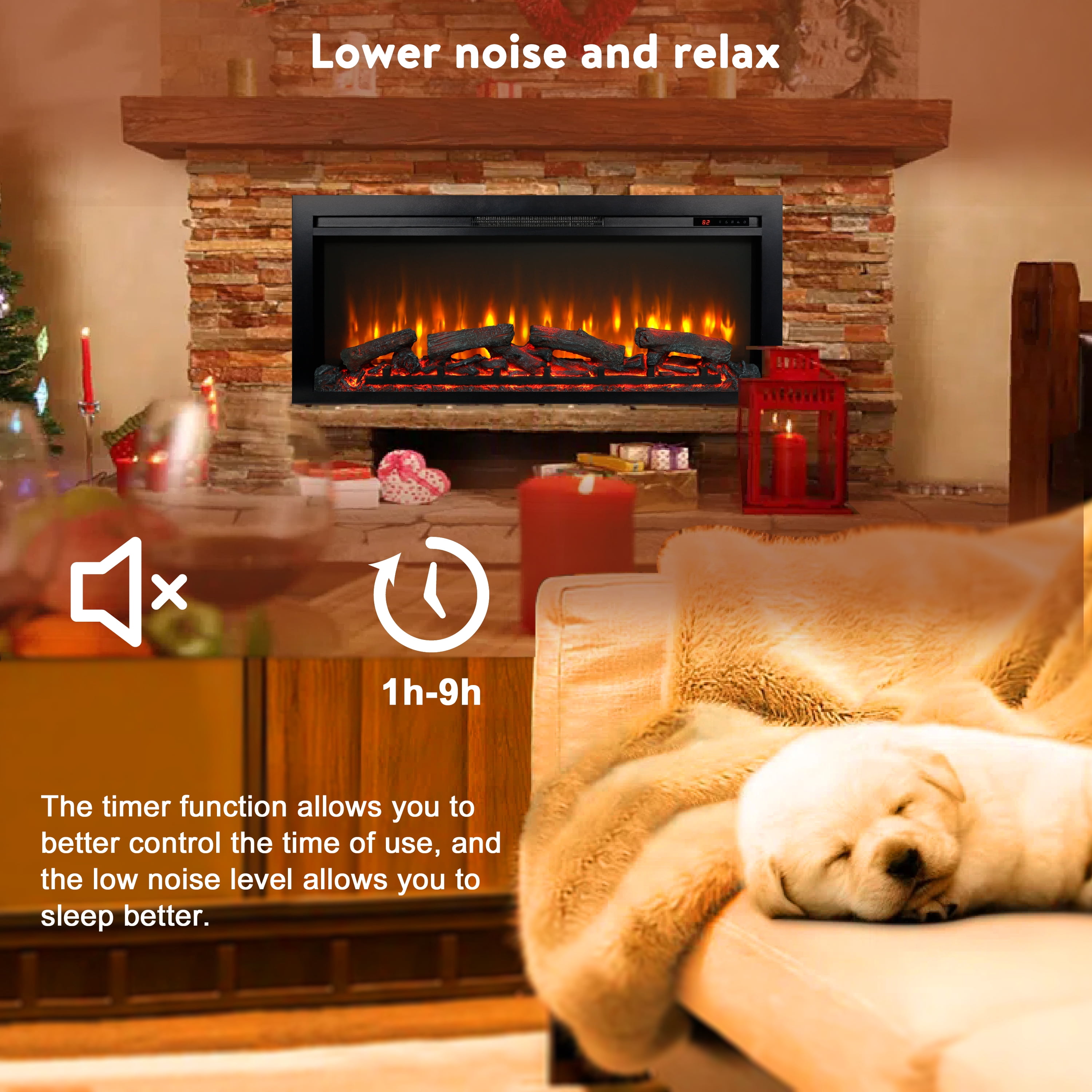 Electric Indoor Fireplaces, 44 inch wall recessed electric fireplace with remote and Imitation Flame , LED light heater, Antique Black Indoor Fireplaces,Fireplace Tools Set