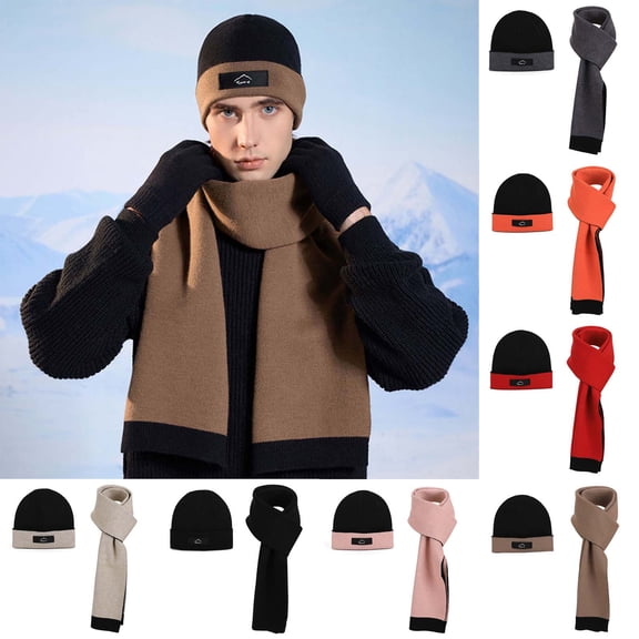 2 Piece Winter Beanie Hat Scarf Set for Men and Women, Knitted Fleece Lined Hats thermal Long Scarf