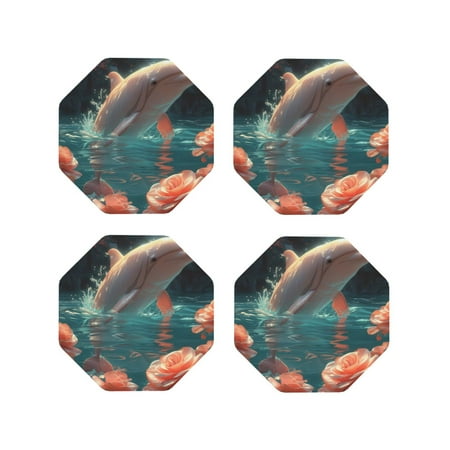 

Fuzoiu Flower White Dolphin Print Leather Coasters Set Drink Coasters Set of 4 for Tabletop Protection Durable PVC Coasters Home Décor and Housewarming Gift-Octagon