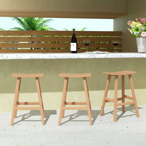 WestinTrends Malibu HDPE Outdoor Patio 29" Bar Stool Saddle Seat (Set of 3), Teak