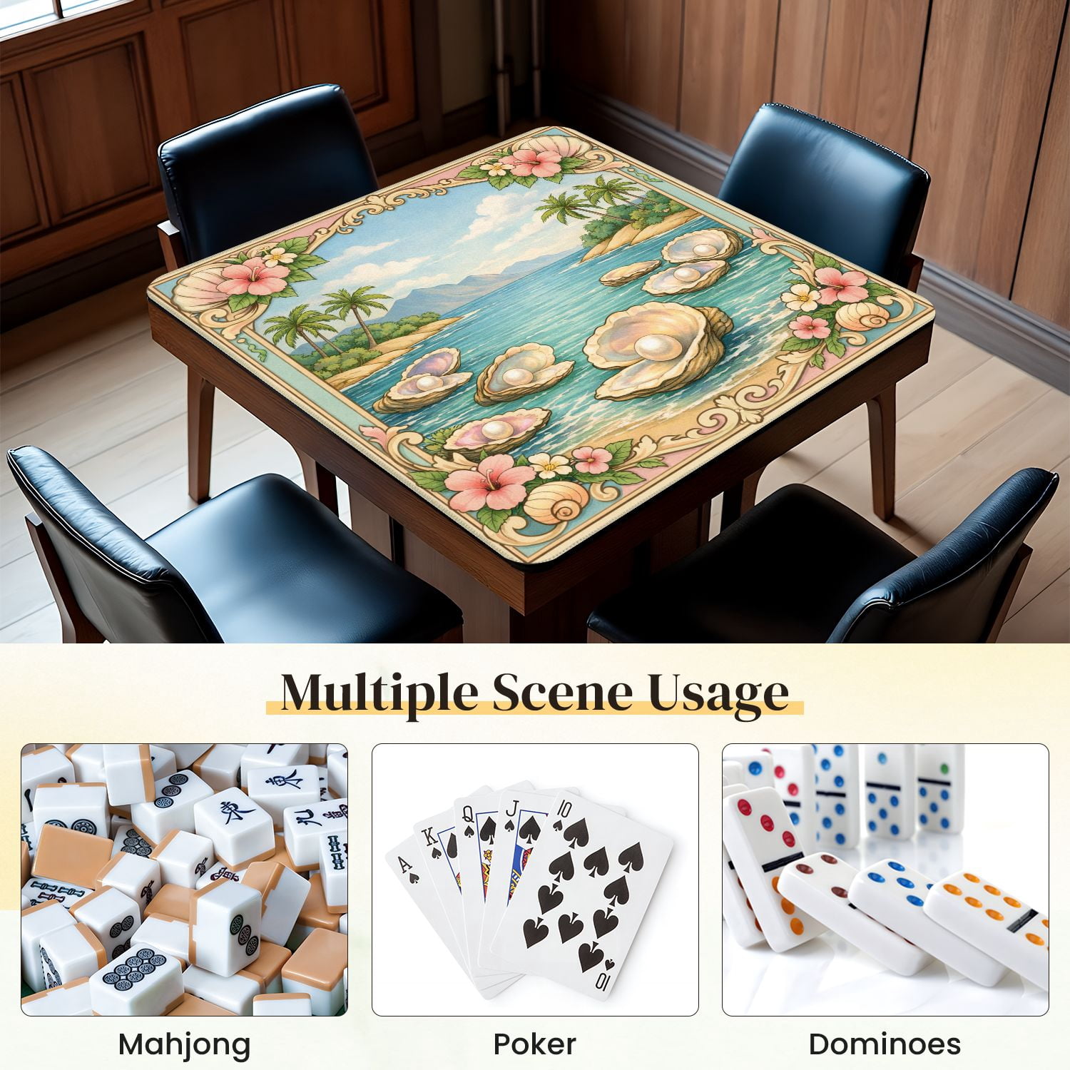 Mahjong Mat 31.5" x 31.5" Tropical Beach Oysters Palm Trees Tranquil Waters Non-Slip Noise Reduction Mahjong Tiles Table Cover for Dominoes Poker Card Board and Tile Games
