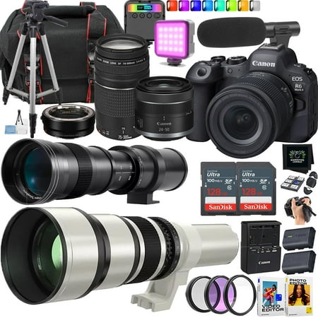 Canon EOS R6 Mark II Mirrorless Camera + Canon RF 24-50mm STM and EF 75-300mm + 420-800mm and 650-1300mm Lens (25 Piece Bundle)