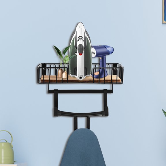 Ironing Board Hanger for T Shaped Wall Mount Ironing Board Holder Vintage Ironing and Iron Board Hanger with Wood Storage Base Load Bearing with Removable Hooks for Laundry Room