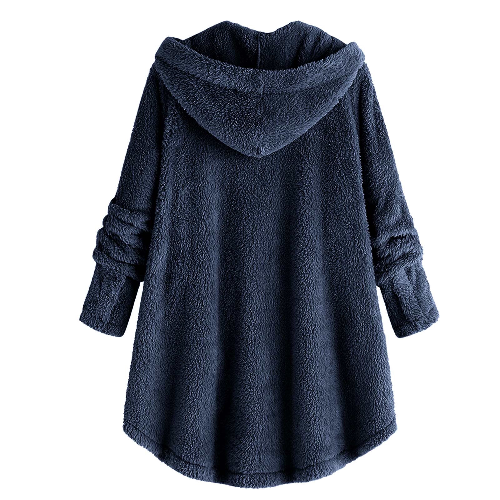 Womens Winter Coats Hooded Plus Size S-5X Fleece Button-Down Long Sleeve Jackets Ladies Casual Solid Soft High Low Hem Warm Outerwear Coat