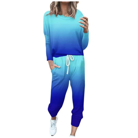 Trousers Suit Women s Gradient Color Round Neck Casual Loose Long Sleeve Top And Pants Set Dressy Pant Suits for A Wedding plus Outfit for Party Women Womens Rompers And Jumpsuits Dressy Two Piece Wom