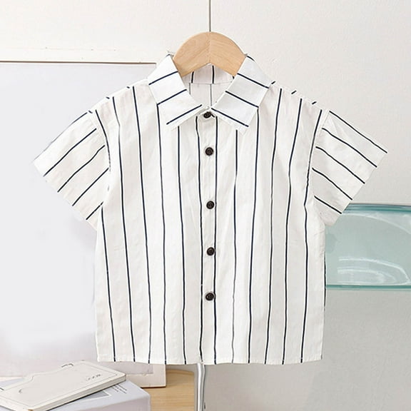 CYRBOKO Toddler Boys Button Down Shirts, Beach Cotton Striped Casual Short Sleeve Tops White Size 1-2 T