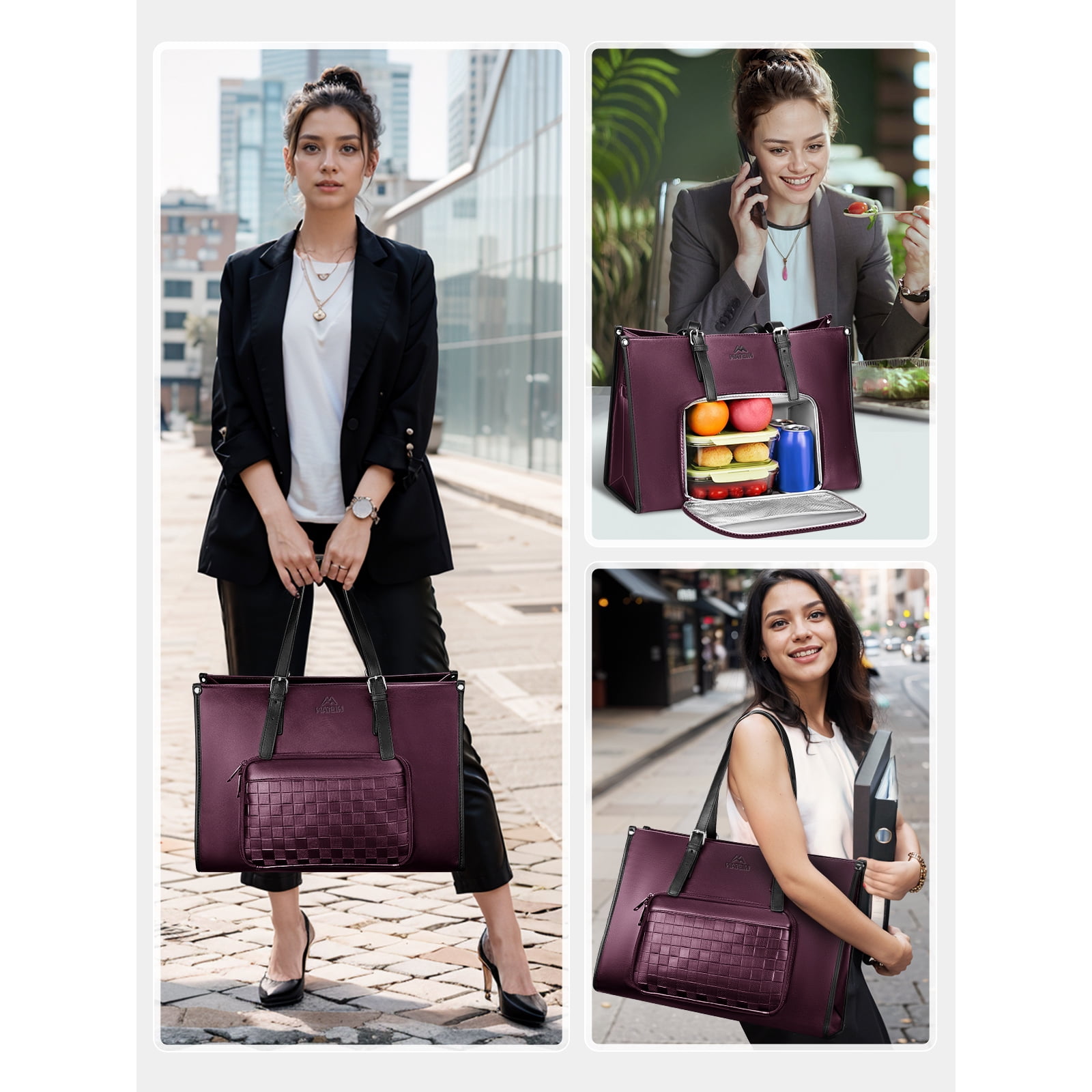 Matein Laptop Tote Bag for Women Men, 15.6 inch Waterproof PU Leather Work Shoulder Bag with Insulated Lunch Compartment, Dark Purple