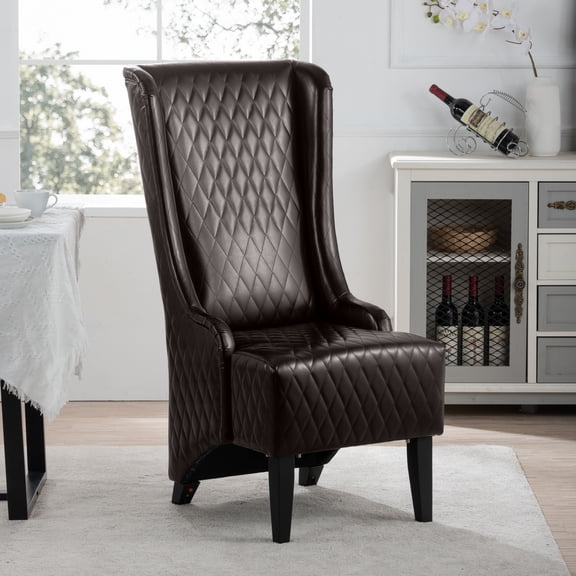 Mid-Century Modern High Back Faux Leather Accent Chair, Diamond Tufted Wingback Chair with Birch Wood Legs for Living Room Office Apartment